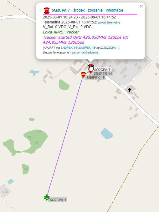 Screenshot from aprs.fi showing a repeated frame with a SKY path